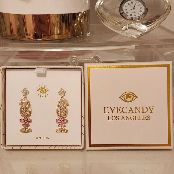 Champagne CZ Earrings Pink and Gold - Picture 3 of 5